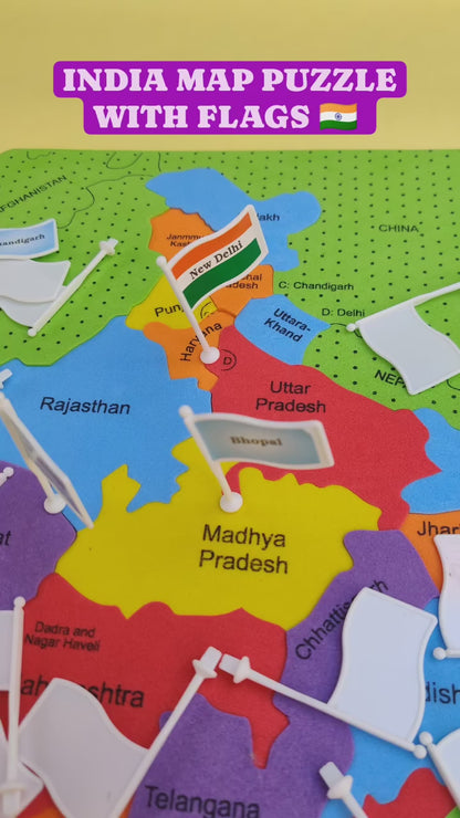 Jigsaw Puzzle Indian Map with State Capitals and Flag Educational Learning  for Kids